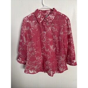 Chico's Pink White Print Top Size 2 Large Button Front